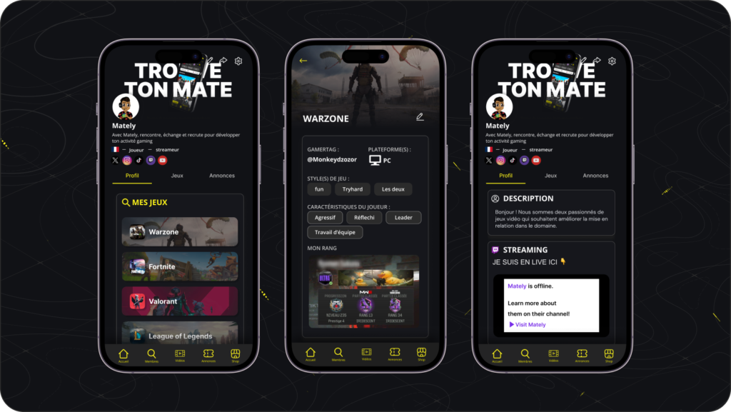 Interface de Mately.gg pour trouver une team esport amateur
