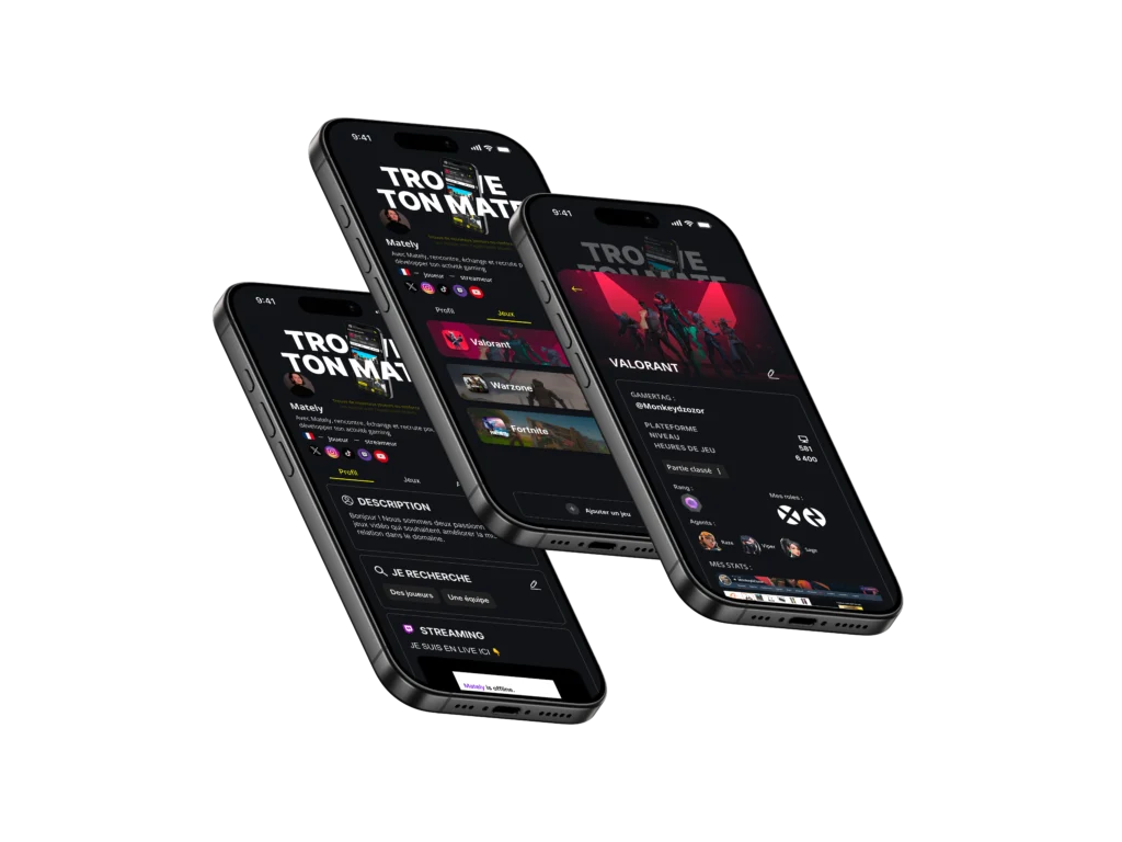 Smartphone avec un profil eSport Mately complet incluant jeux favoris, réseaux sociaux et expérience.