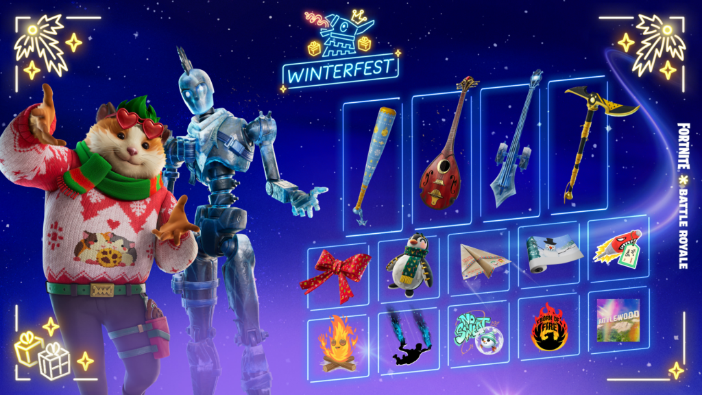 Fortnite Winterfest 2025 : 16 cadeaux + 2 skins exclusifs. Epic remet la cabane au centre du jeu, avec des cadeaux gratuits à ouvrir chaque jour.