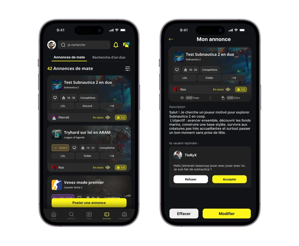 Joueur cherchant un partenaire Subnautica 2 sur app de matching gaming