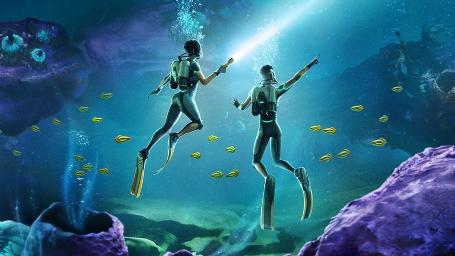 Deux joueurs Subnautica 2 explorant un biome profond en coop trouvés via Mately