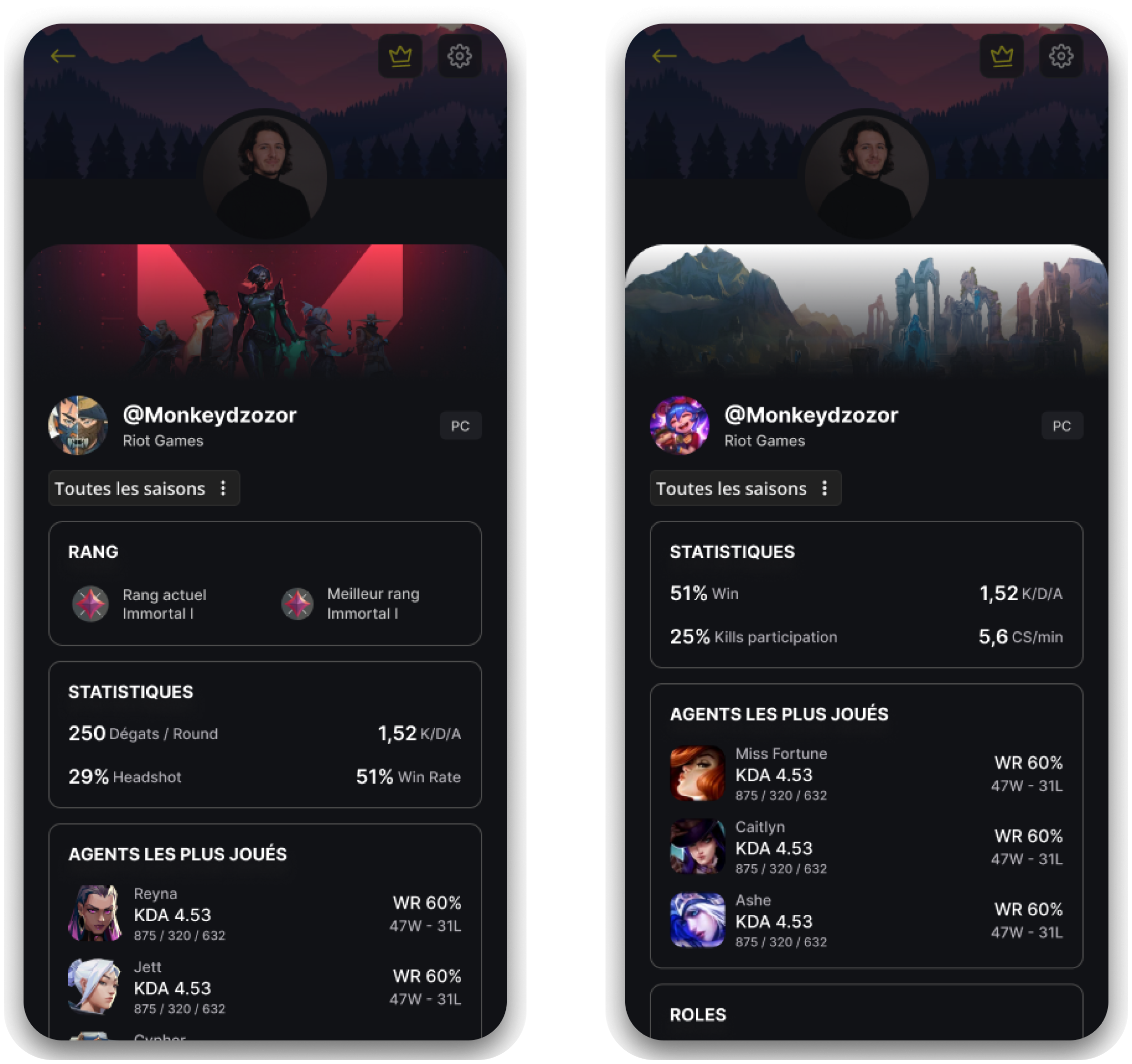 Deux écrans de profil Mately : à gauche les statistiques VALORANT, à droite les statistiques League of Legends d'un joueur ayant lié son compte Riot