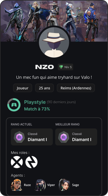 Profil de NZO sur Mately, avec son style de jeu, ses rangs et ses agents sur Valorant.